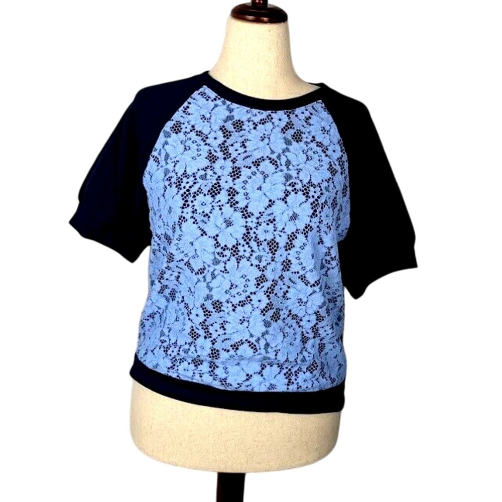 Charter Club Lace-Panel Baseball T-Shirt Women's Size M Intrepid Blue